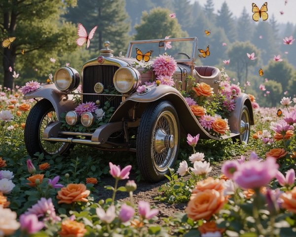 Vintage Convertible in a Colorful Flower Garden