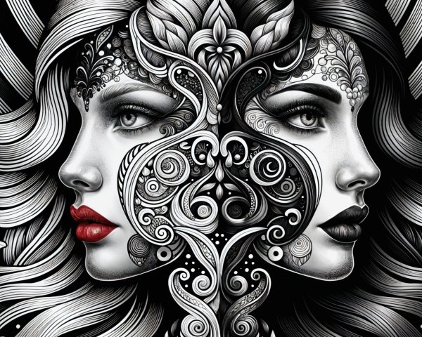 Black-and-White Illustration of Merging Faces and Patterns