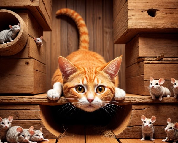 Cozy Wooden Hideout with Cat and Playful Mice