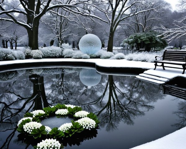 Winter Landscape with Pond and Snow-Covered Trees