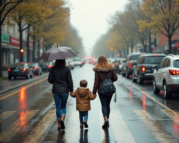 Family Stroll on a Rainy Autumn Street