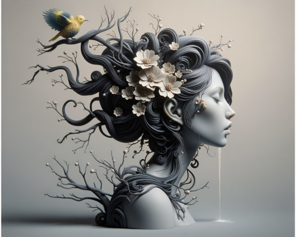 Intricate sculpture of a woman's head with nature elements