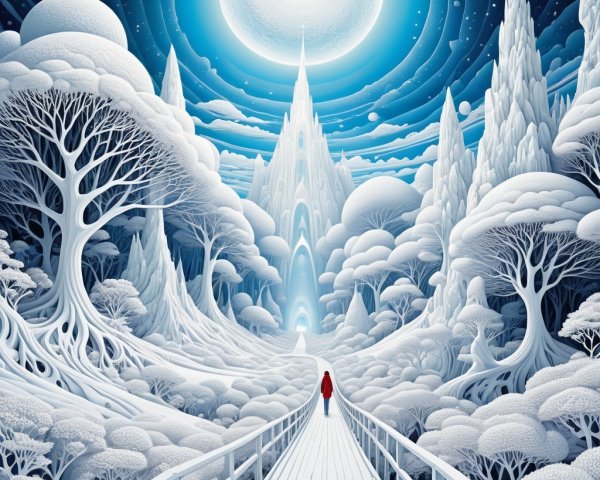 Red Figure Walking Toward Ice Castle Under Full Moon