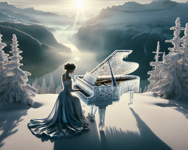 Woman in gown playing crystal piano in winter scene