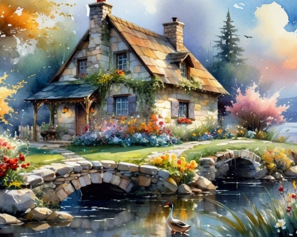 Watercolor of a cottage by a serene lake and flowers