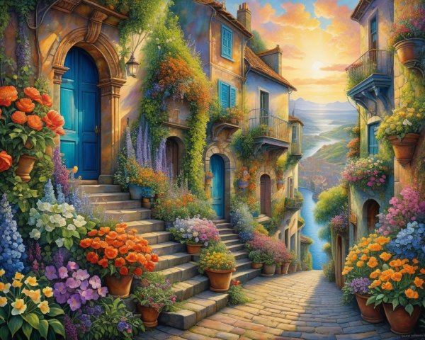 Charming Village Street with Colorful Houses and Flowers