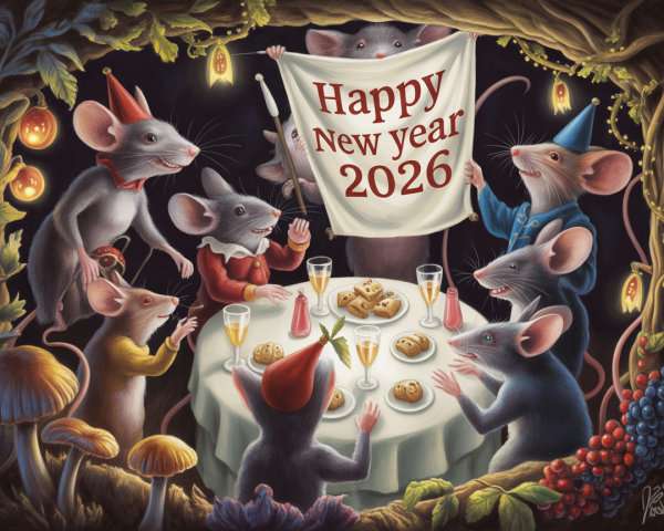 Mice Celebrating New Year 2026 in Enchanted Forest