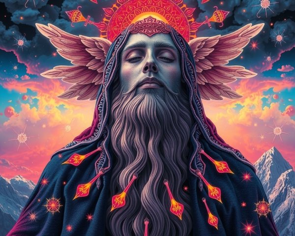 Majestic figure with wings in a colorful celestial scene