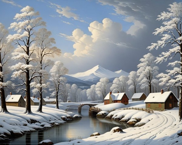 Winter Landscape with River and Snow-Covered Cottages