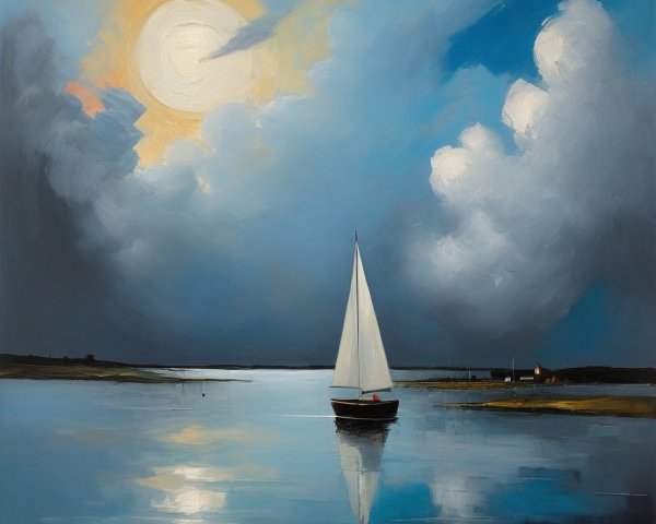Serene Seascape with Sailboat and Dramatic Sky