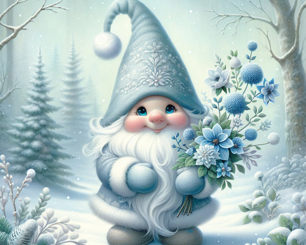 Cheerful gnome in serene winter landscape with flowers