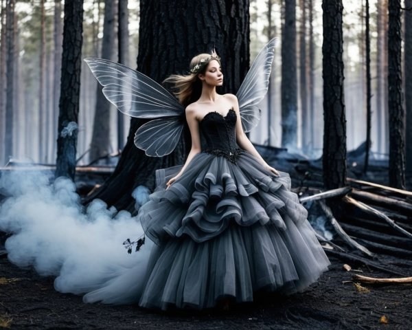 Ethereal Woman in Black Gown in Mystical Forest