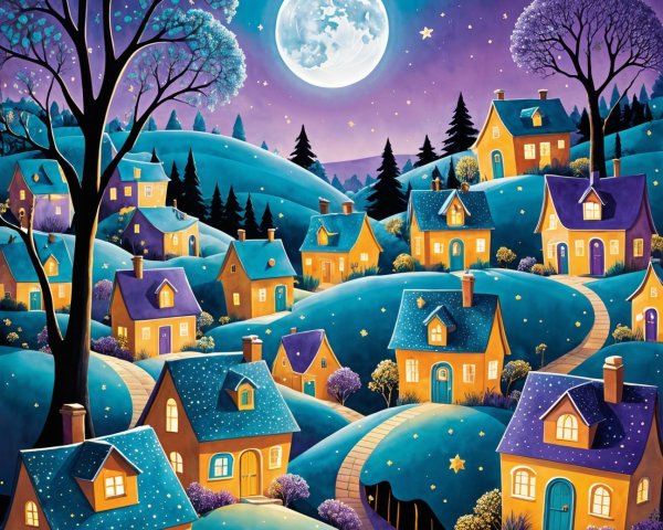 Charming Nighttime Village Scene with Illuminated Hills