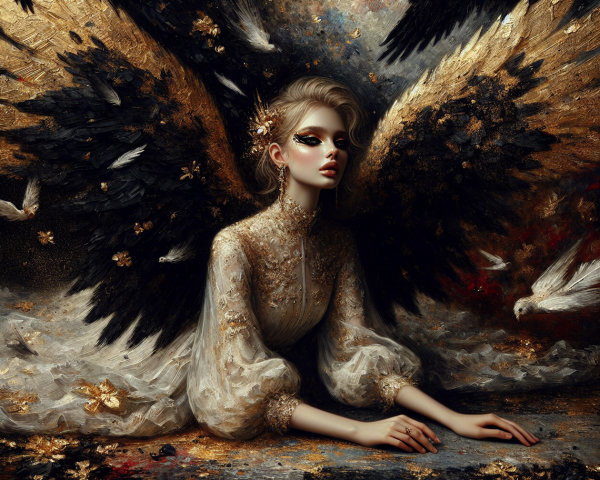 Ethereal Figure in Dark and Golden Feather Setting