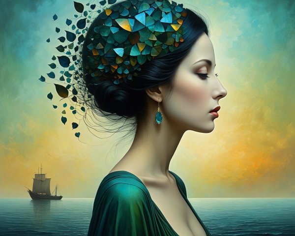 Profile of a Woman with Elegant Hairstyle and Sea Sunset