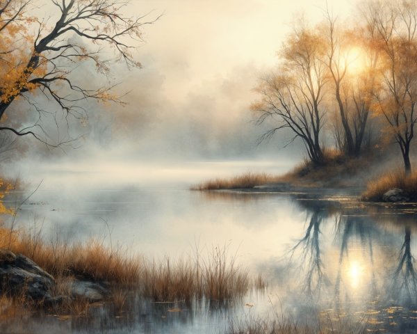 Serene Autumn Landscape with Reflective River and Mist
