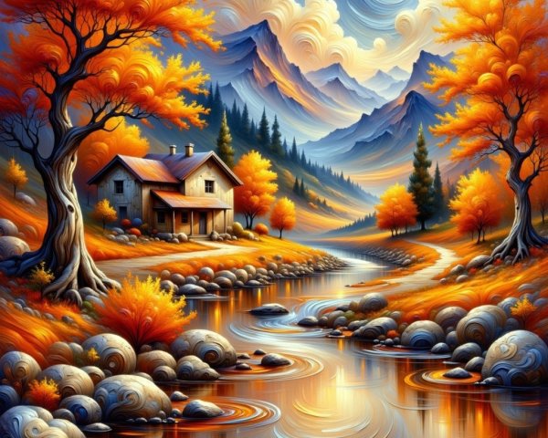 Autumn Landscape with House by Serene River and Mountains