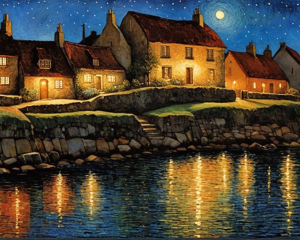 Illuminated Waterfront Village Under Starry Night Sky