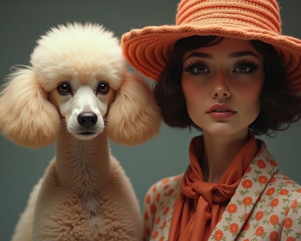 Stylish Woman and Cream Poodle in Orange Attire