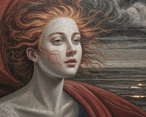 Mosaic of a Woman with Red Hair and Dramatic Backdrop