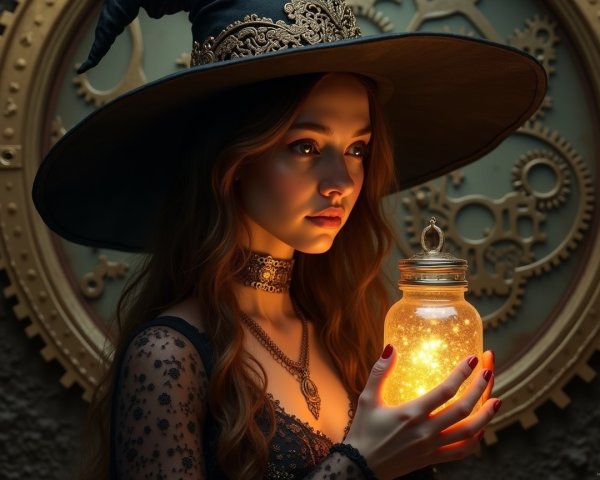 Young woman in witch hat with glowing jar and gears