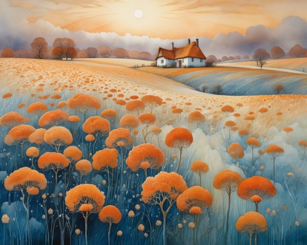 Tranquil Landscape with Cottage and Sunrise Hues