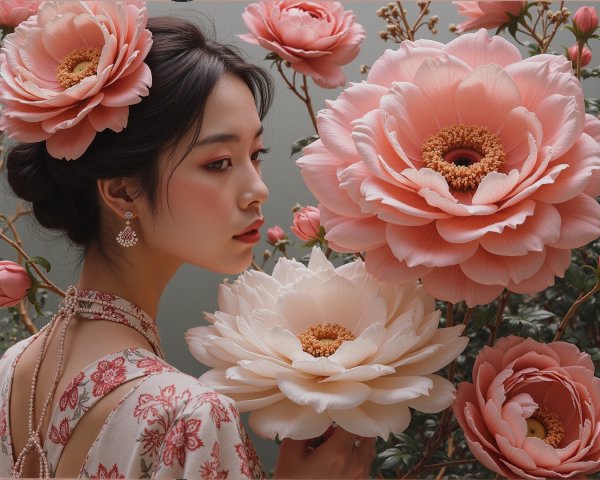 Young Woman Surrounded by Lush Floral Blossoms