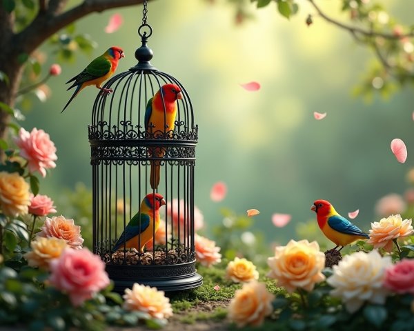 Black Ornate Birdcage Surrounded by Vibrant Roses
