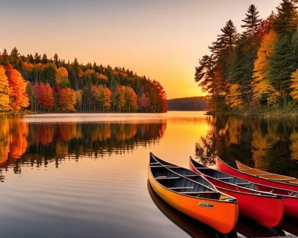 Serene lake at sunset with autumn foliage and canoes