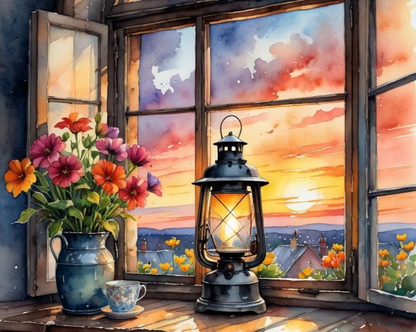 Watercolor Painting of Rooftops and Sunset View