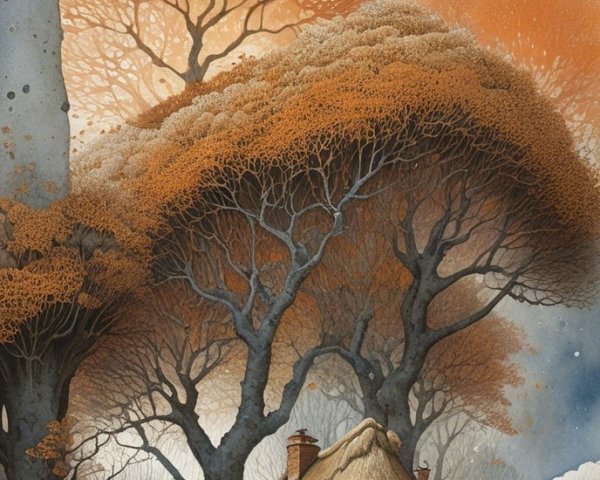 Charming Blue Cottage Surrounded by Autumn Landscape