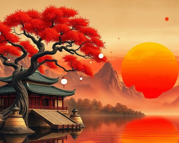 Autumnal Chinese Landscape with Sunset and Maple Tree