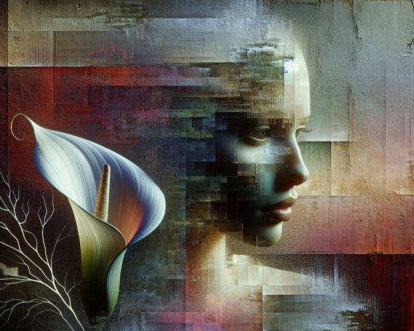 Surreal Human Face and Calla Lily in Abstract Art