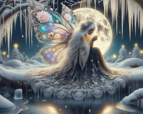 Fantasy Winter Scene with Fairy and Floral Details