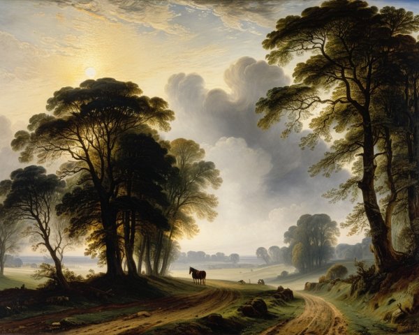 Serene Landscape with Lush Trees and Grazing Horses