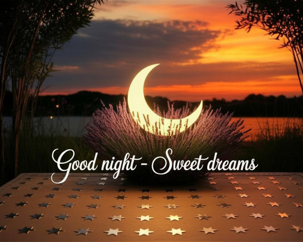 Twilight Scene with Crescent Moon and Lavender Blooms