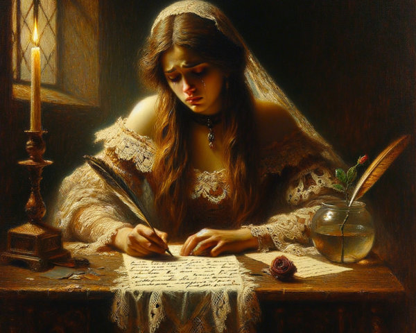 Young woman writing in lace dress with candlelight