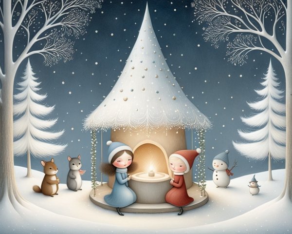 Whimsical Winter Scene with Girls and Snowy Cottage