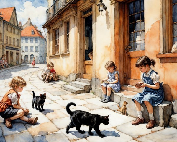 Children Playing in a Quaint Village Street Scene