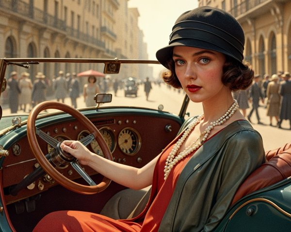 Vintage Elegance: Woman in Red Dress and Classic Car
