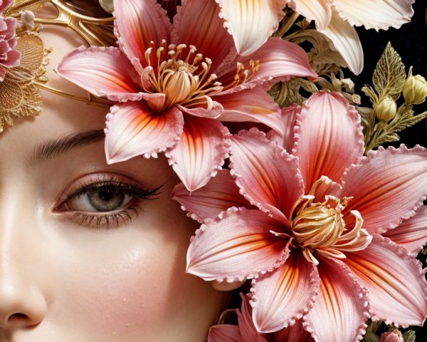 Close-Up Portrait of a Woman with Floral Accents