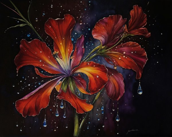 Close-Up of Red and Orange Flowers with Raindrops