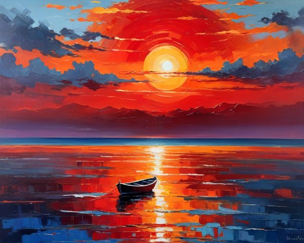 Vibrant Sunset Over Calm Waters with a Boat