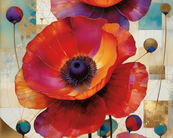 Vibrant Red Poppies with Abstract Geometric Background