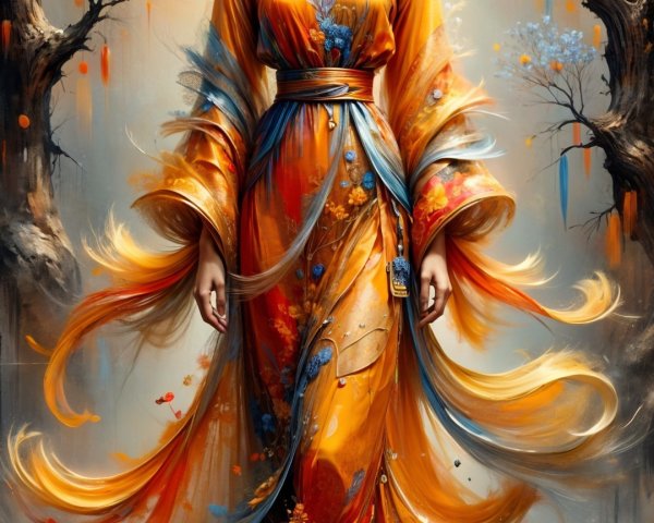 Ornate Orange Gown Amidst Autumn Trees
