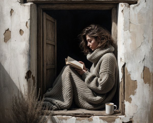Young Woman Reading in Cozy Window Nook