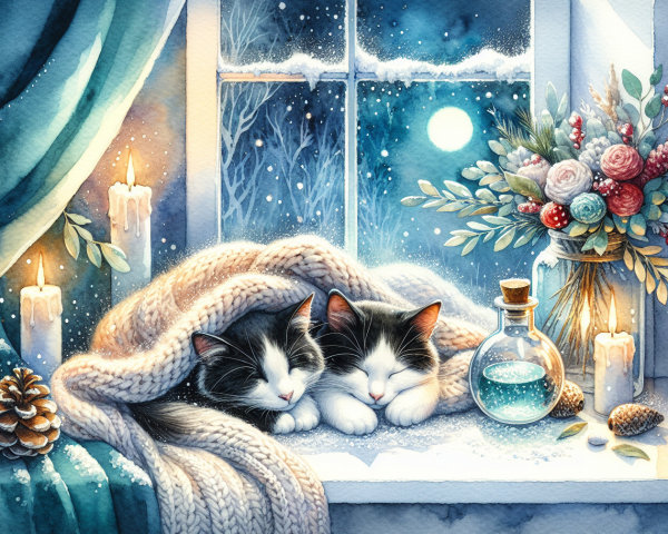 Black-and-white cats cuddling on a windowsill in winter