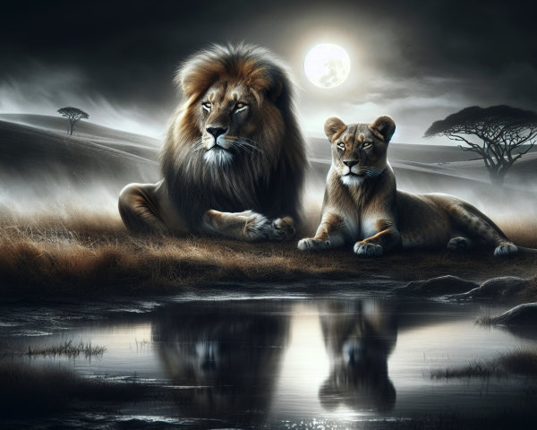 Lions Resting by Waterhole Under Full Moonlight