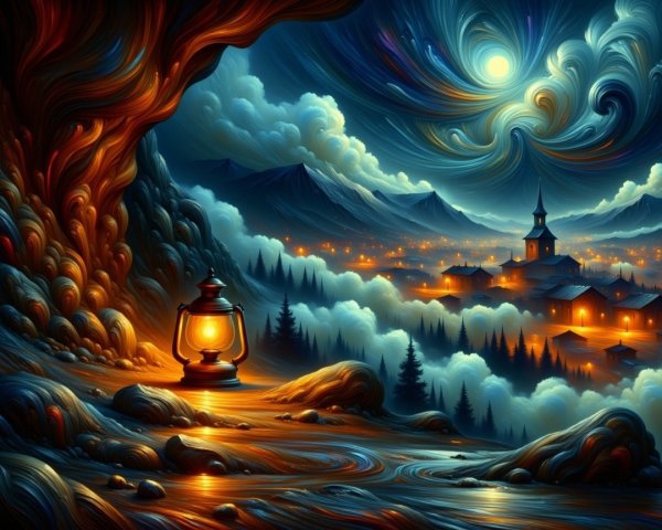 Serene night scene with glowing lantern and village