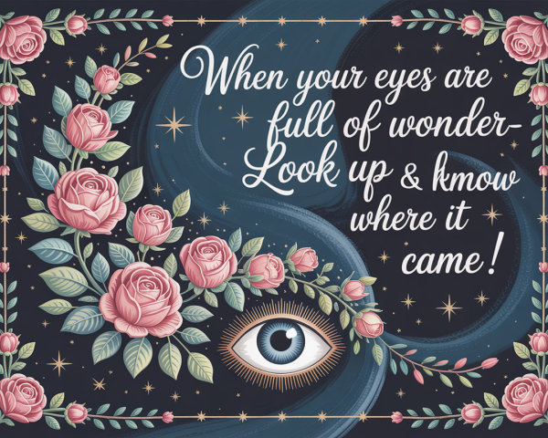 Dark Starry Background with Pink Roses and Eye Design